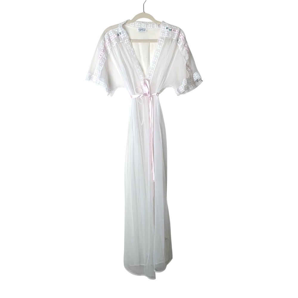 Vintage Gilead Sheer White Robe Lace Ribb Pink Rosettes Sz Large Made in USA